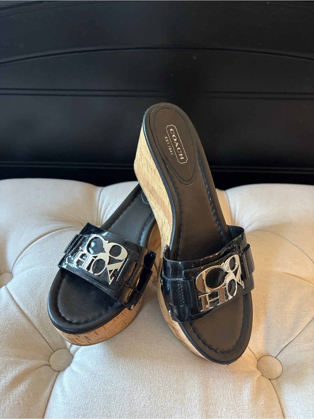 Coach Black Leather Cork Wedge Sandal with Impressive Silver Logo